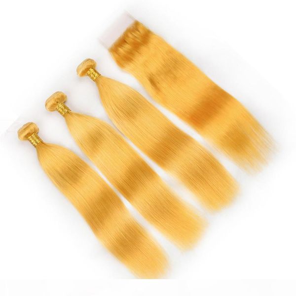 

silky straight virgin brazilian yellow hair weave bundles with closure colored yellow 4x4 lace closure piece with human hair wefts, Black;brown