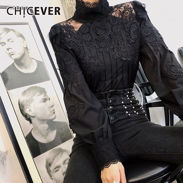

chicever summer casual solid lace hollow out women shirt stand collar puff sleeve slim plus size female clothing 2020 new, White