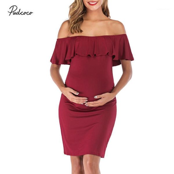 

2020 women pregnant dress off shoulder ruffles elegant fitted maternity gown slim fit pgraphy dress for p shoot s-xl1, White