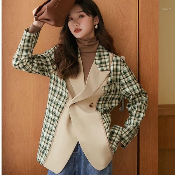

2020 autumn long sleeve simple casual lady suit loose plaid stitching contrast color suit asymmetrical design blazer coats1, White;black