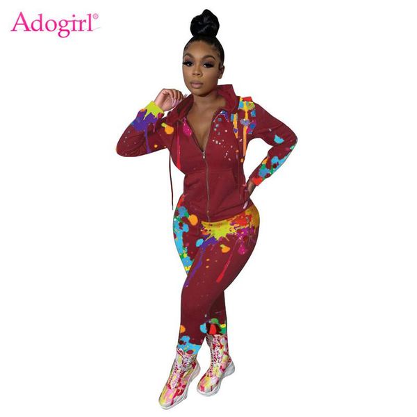 

adogirl 2020 new women splash ink printed zipper two piece set tracksuit long sleeve hooded sweatshirts pencil pants sportswear, Gray