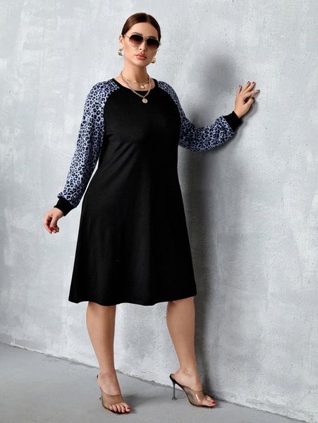 

plus contrast leopard raglan sleeve sweatshirt dress 55aq#, Black