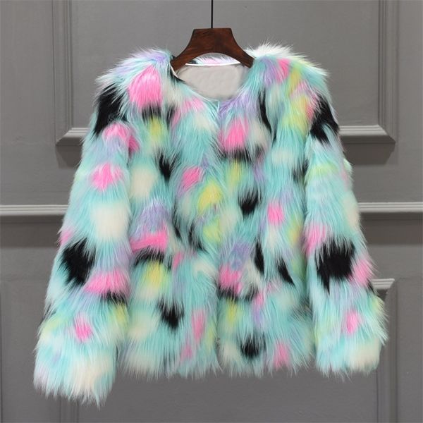 

furry fur coat women fluffy warm long sleeve gradient color outerwear autumn winter coat jacket hairy collarless overcoat y200109, Black
