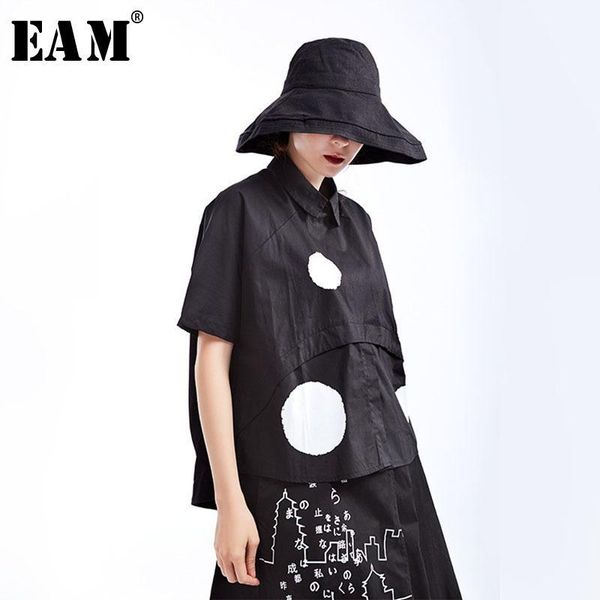 

eam] 2020 new spring summer lapel short sleeve black dot printed split joint loose big size shirt women blouse fashion js7891, White