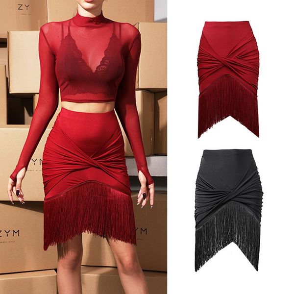 

stage wear latin dance skirts women fringed skirt salsa samba rumba practice performance clothes black dnv14274, Black;red