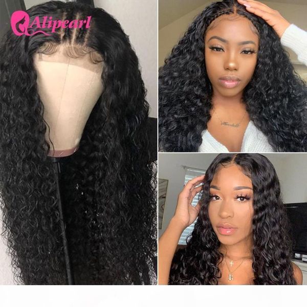 

alipearl hair water wave human hair wig 4x4 closure wig brazilian t part lace frontal preplucked for woman 150% 180% density, Black;brown