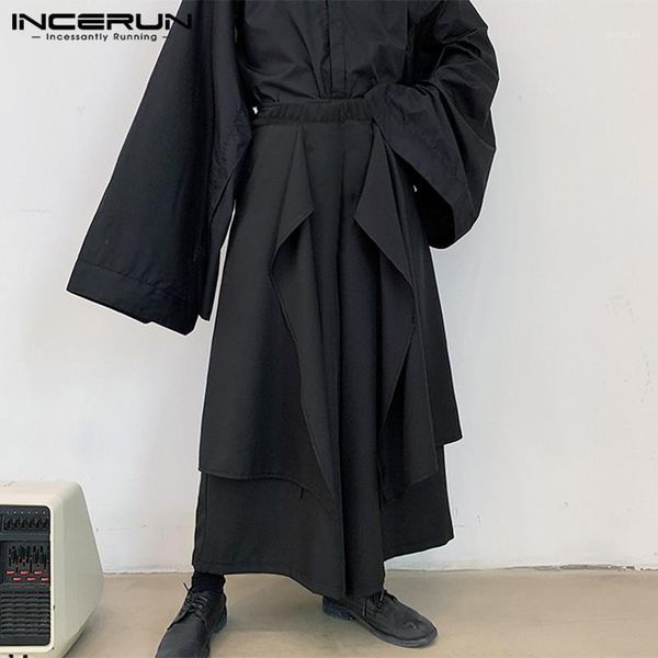 

fashion men wide leg pants solid punk streetwear 2020 elastic waist irregular skirts trousers men joggers loose pantalon incerun1, Black