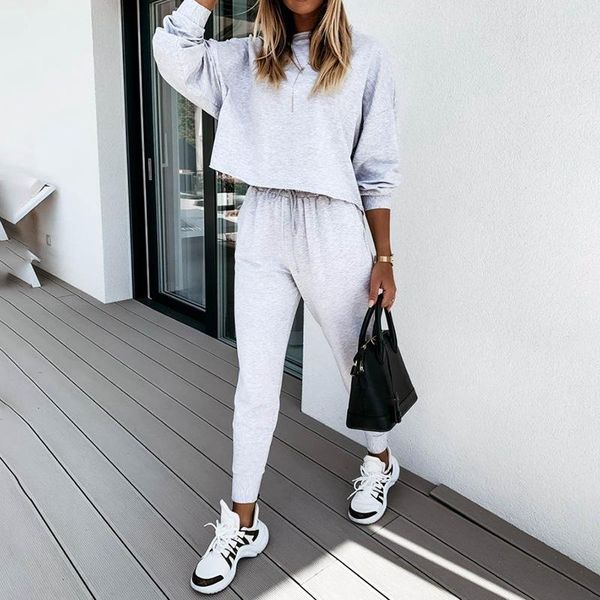

tracksuit women set o neck loose sweatshirt+lace up pencil pants 2 pieces sets 2021 autumn women clothing suits, Gray