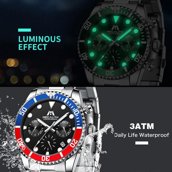 

reloj hombre 2020 megalith watches for men fashion sport chronograph waterproof luminous quartz watch full steel luxury watches jllleu, Silver