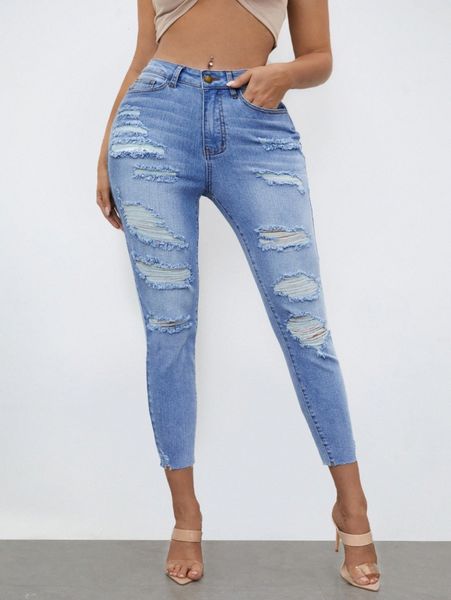 

sxy ripped raw hem skinny cropped jeans p7ie#, Blue