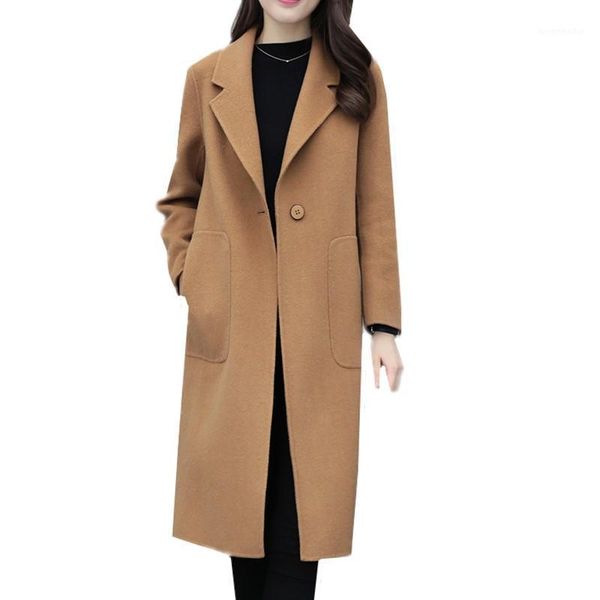 

2020 new spring autumn women woolen coat fashion casual long sleeve turn down collar wool coat loose plus size female outerwear1, Black