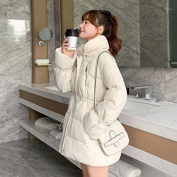 

2021 new winter women fashion cotton padded jacket female stand collar coat korean loose elastic waist oversized parkas z1001, Black