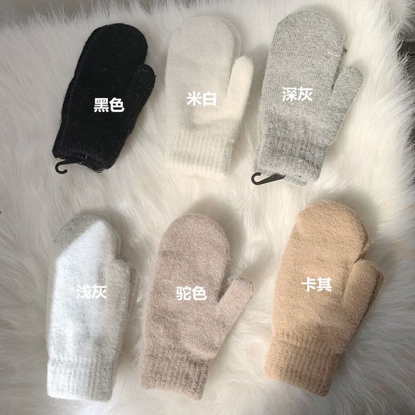 

rabbit hair female solid color all fingers winter women gloves girls mittens guantes, Blue;gray