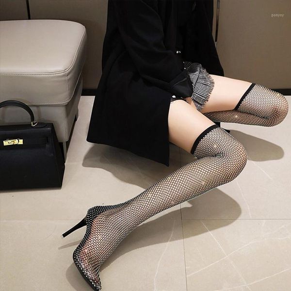 

2021 new female thigh long boots knee the boots thin heel gothic boot elastic mesh crystals botas, Black