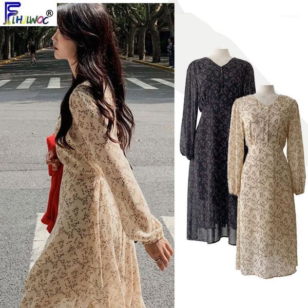 

floral chiffon dress long women's korea japan style temperament lady v neck vintage button shirt dress retro 100201, Black;gray