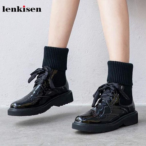 

boots lenkisen brogue carved genuine leather socks lace up round toe med heels winter knitting warm women mid-calf l98, Black