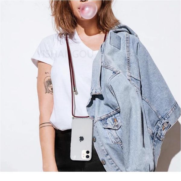 

necklace lanyard clear phone case for iphone 12 mini 11 pro max xs x xr 7 8 plus soft sile transpare qylohr