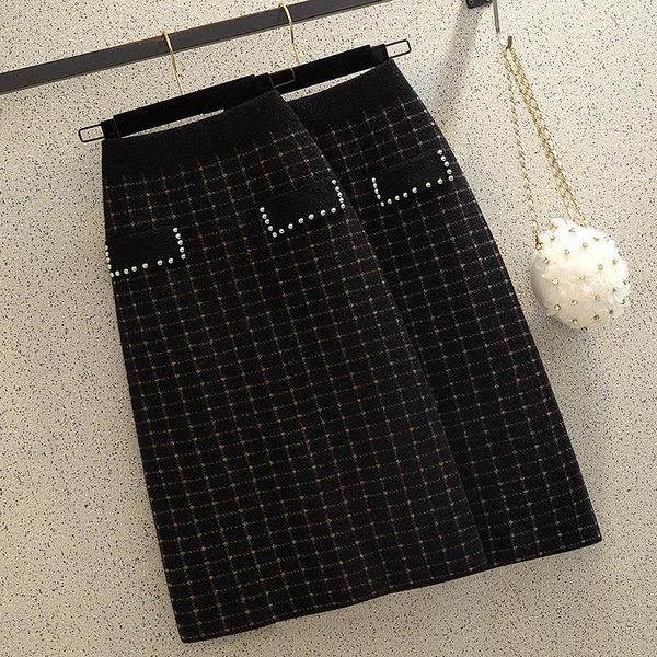 

black knitting wool skirts female new 2020 nail bead lattice split hip