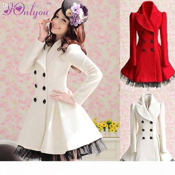 

wholesale-women girl's winter double breasted trench coat peacoat long dress jacket coat white red, Black