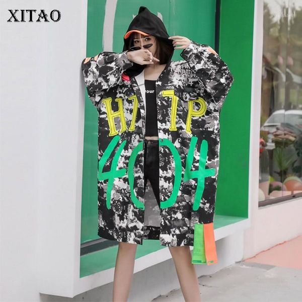 

xitao tide plus size hit color letter trench women clothes 2020 spring fashion loose hooded collar full sleeve coat xj38431, Tan;black