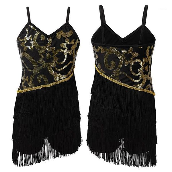 

kids girls sparkly sequins spaghetti shoulder straps figure ice skating roller skating latin dance biketard with fringes skirt1, Black;red