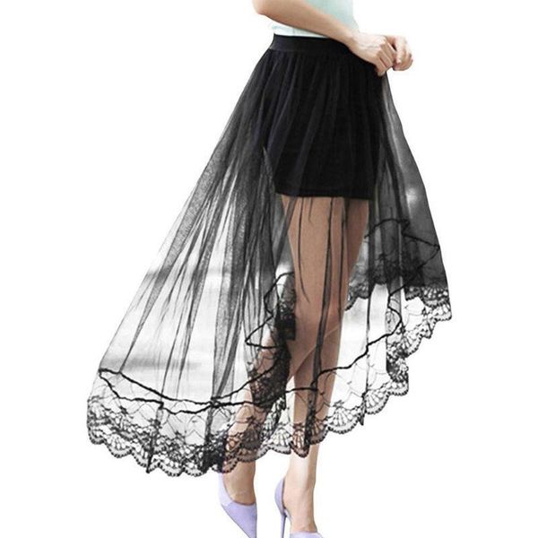 

women girls summer high waist layered sheer mesh swallowtail midi long skirt asymmetric scalloped lace hem pleated party, Black