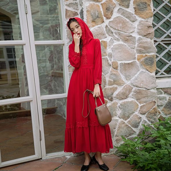 

yunnan lijiang travel ethnic style erhai skirt skirtnational holiday skirt holiday dress red chiffon hooded p dress noltm, Black;gray