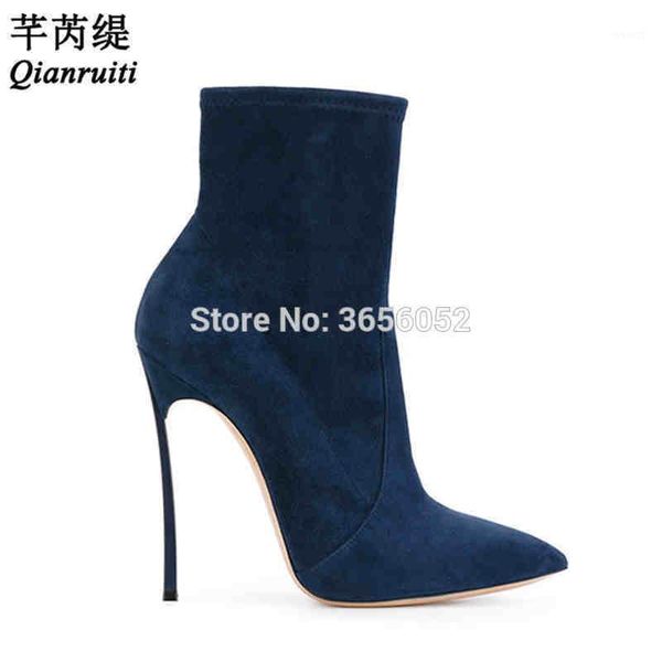 

boots qianruiti big size 43 pointed toe ladies shoes autumn metal high heel booties women slip on suede ankle chaussures femme1, Black