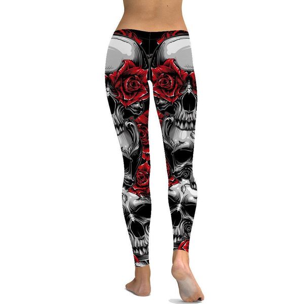 

red rose skull 3d printed slim fitness leggings women elastic causal leggings plus size leggins mujer, Black
