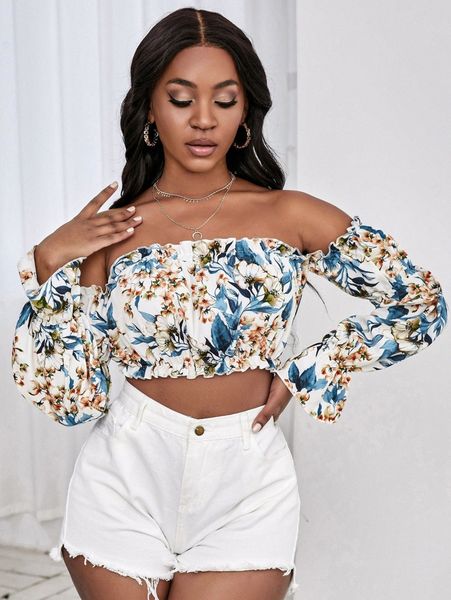 

floral print off shoulder flounce sleeve frilled y8ns#, White