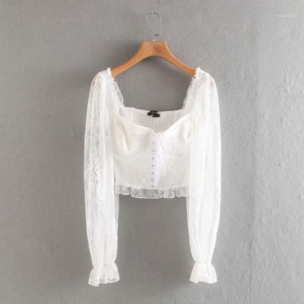 

women french square collar agaric lace ruffles smock blouse ladies puff sleeve back elastic shirt chemise 1, White