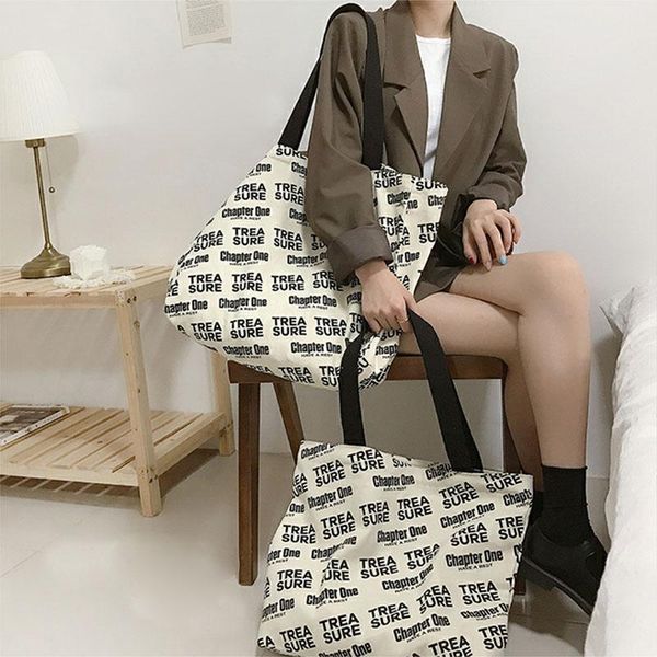 

hylhexyr 2020 new tote bag letter printed women's shoulder bag zipper open style canvas shopping bags fashion casual handbag
