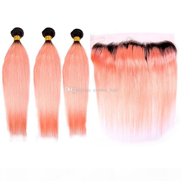 

brazilian #1b light orange ear to ear frontal with silky straight 3bundles ombre orange human hair weaves extensions with frontal 13x4, Black