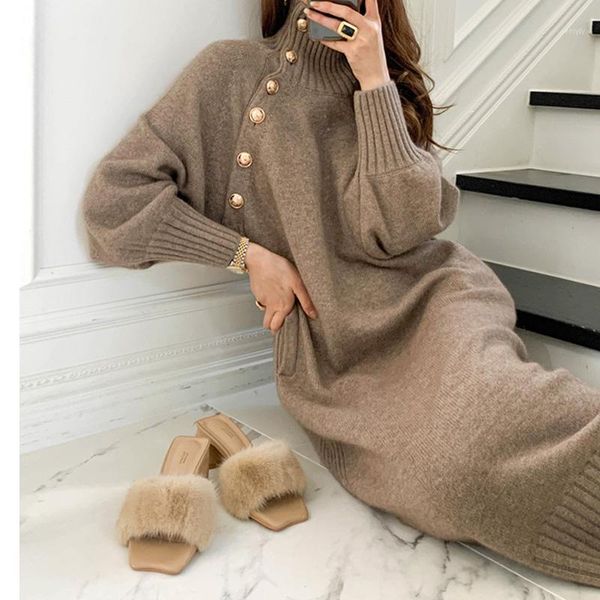 

fashion turtleneck chic button sweater dress women one piece autumn drawstring slim waist knitted woman winter midi dresses1, Black;gray