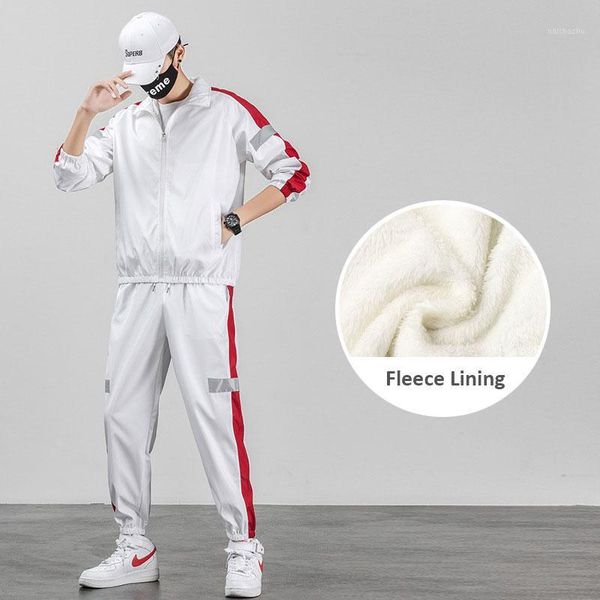 

autumn winter fleece mens tracksuit reflective stripe korea style 4xl thick solid black men's tracksuit set clothing ropa hombre1, Gray