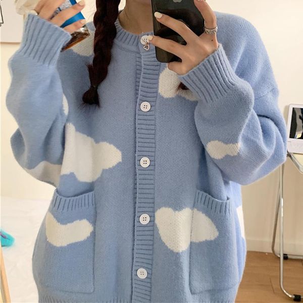 

women's knits & tees korean cloud sweater coat 2021 autumn winter long sleeve knitted jacket causal o-neck cardigan ropa de invierno mu, White