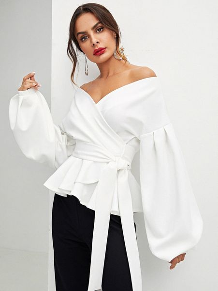 

lantern sleeve surplice belted peplum blouse v16v#, White