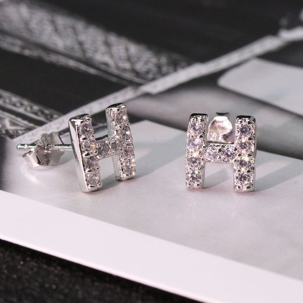 

high-endsterling silver 925 classic popular simple original fashion silver h inlaid zircon ladies earrings jewelry holiday gift, Golden;silver