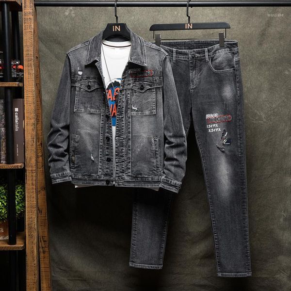 

2020 new mens jeans two-piece-set autumn male large size -5xl denim jacket/jeans sets casual gray letter print slim tracksuit1