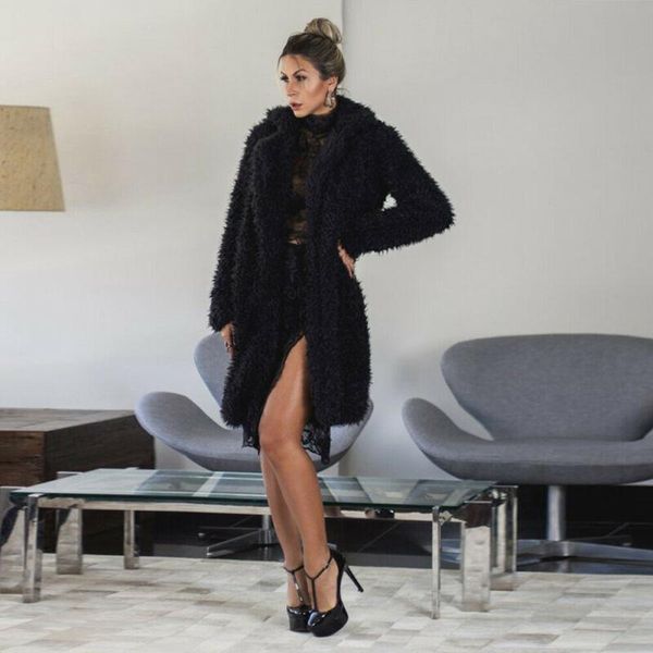 

women's fur & faux winter fuzzy fluffy coat women warm long sleeve female outerwear autumn jacket hairy collarless overcoat, Black