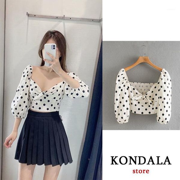 

kondala women 2020 summer sweet fashion polka dot cropped blouses vintage short sleeve back elastic female shirts chic 1, White