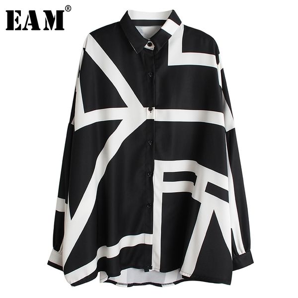 

[eam] women white pattern print split big size blouse new lapel long sleeve loose fit shirt fashion spring autumn lj200812