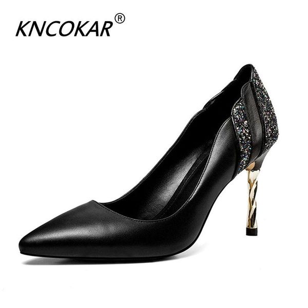 

spring new leather women's shoes with super thin heel women's shoes pointed shallow mouth fashion nightclub, Black