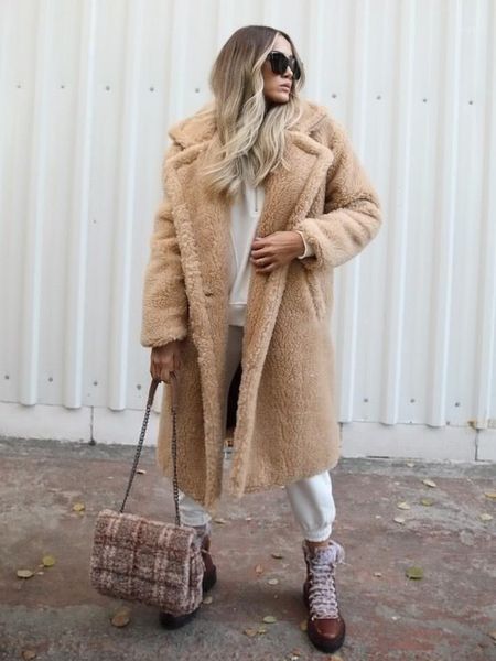 

2020 autumn long winter coat women faux fur coat women warm ladies fur teddy jacket female plush teddy plus size outwear1, Black