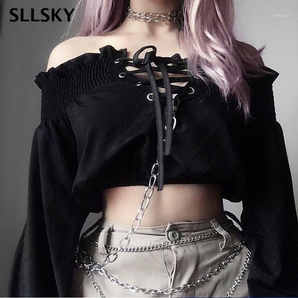 

sllsky vintage lace up slash neck short shirt women solid hollow out long sleeve blouse deep v slim 2020 spring autumn new1, White