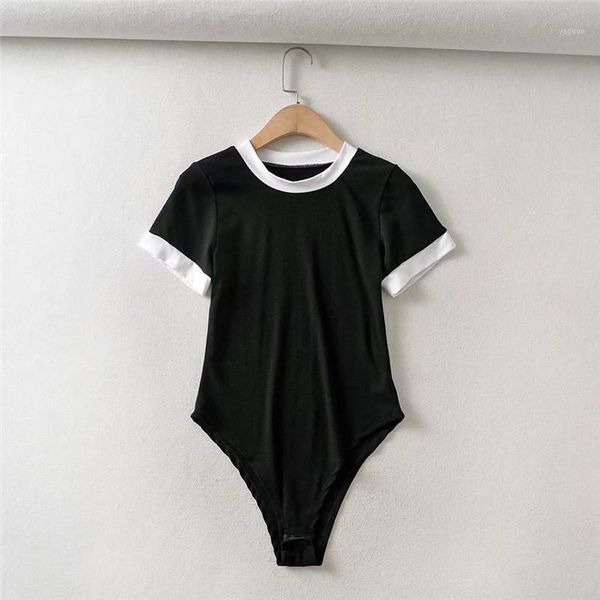 

2020 new fashion patchwork black women bodysuits chic lady short sleeve summer bodycon female casual skinny bodysuit femme1, Black;white