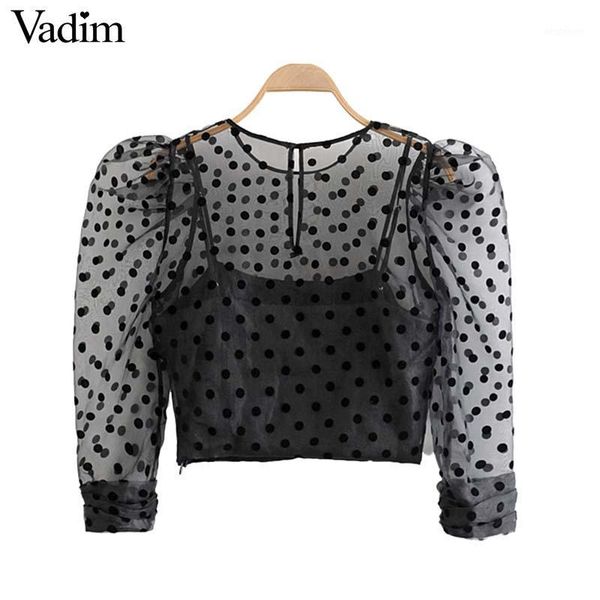 

women's blouses & shirts vadim women fashion organza polka dots blouse puff sleeve see through shirt female casual stylish chic crop b, White