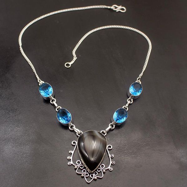 

hermosa antique jewelry botswanaagate bluez silver color women chain pendant necklace 18 inch ny1290 ing