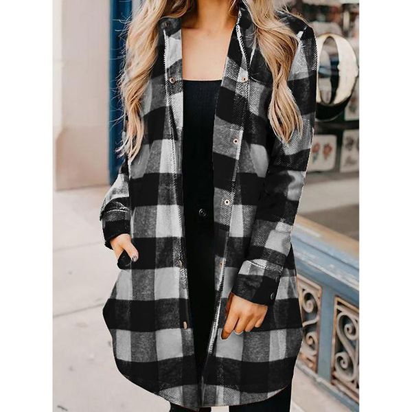 

women long sleeve plaid jacket autumn winter oversized coat fashion loose vintage elegant streetwear oversize 2xl ropa mujer, Tan;black