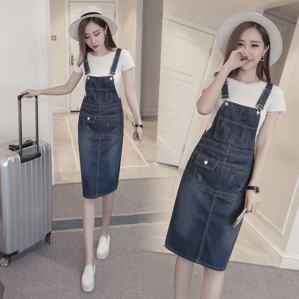 

women's with shoulder large 2020 denim fat mm200kg student medium length suspender skirt, Black;gray